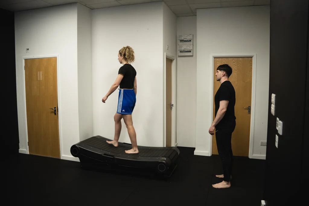 Gait analysis on a curved treadmill at Bristol Biomechanics.